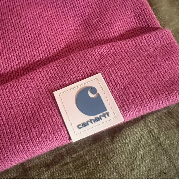 NWT Carhartt Knit Cuffed Beanie Pink Blue Rubber Patch Logo Adult One Size Cute - Picture 2 of 4